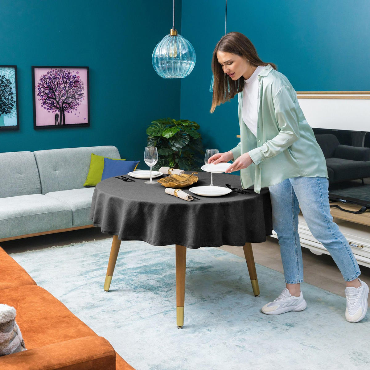 TISCHDECKE rund Ø140 cm Dunkelgrau Leinenoptik wasserabweisend - Dunkelblau, Textil (140/140cm) - SHOPENTRA
