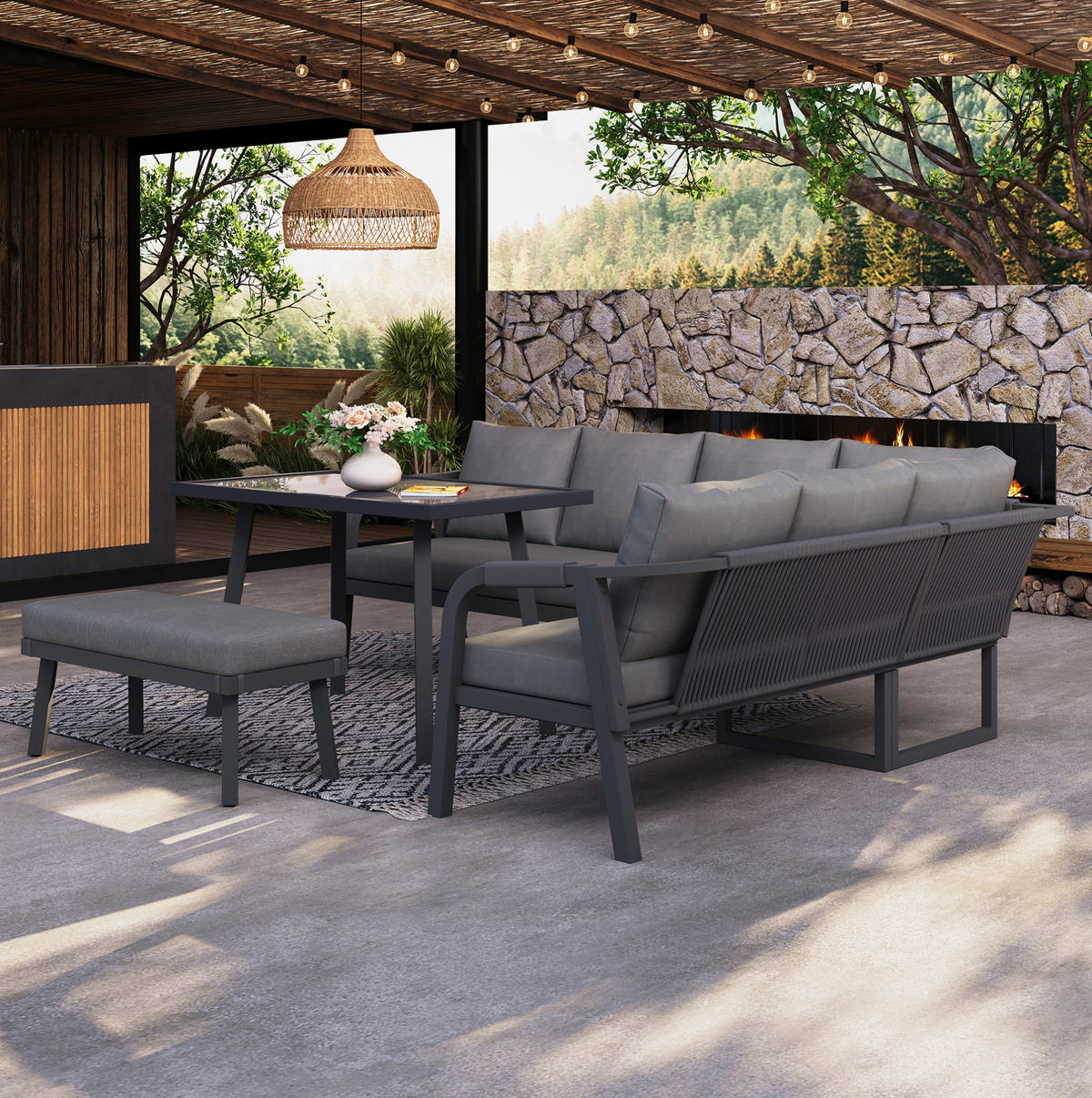 GARTEN-ESSGRUPPE 240/183/40 cm grau aus Stahl und Polyester für bis zu 8 Personen - Grau, Holzwerkstoff - OKWISH