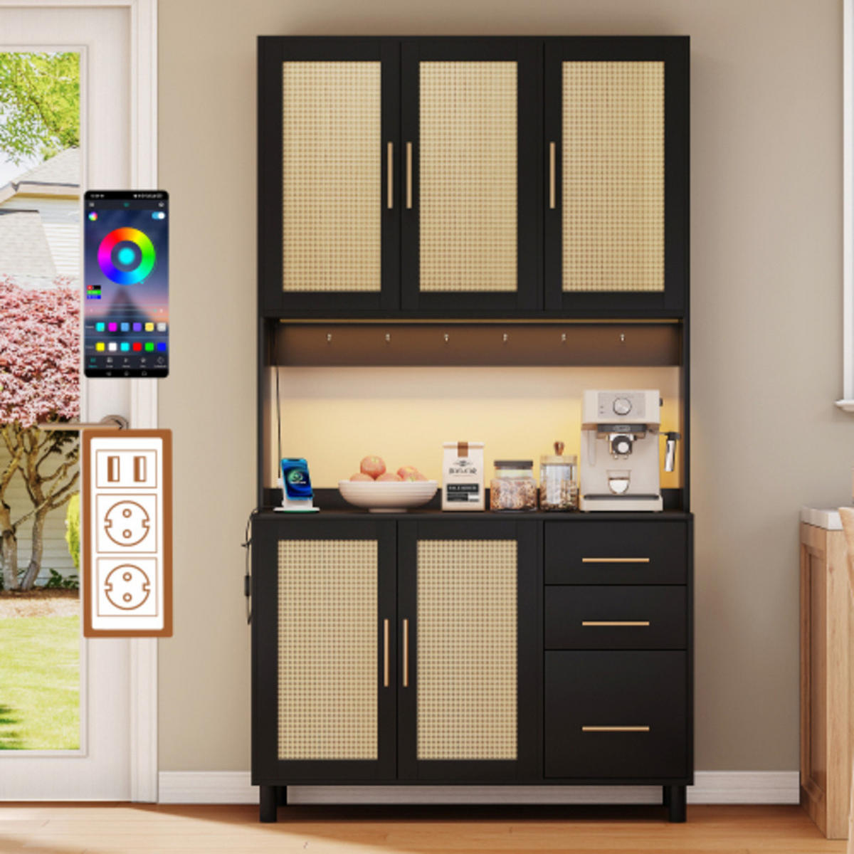 KÜCHENSCHRANK Schwarz aus MDF mit Rattanfront, LED-Beleuchtung und integrierten Steckdosen 100×40×183 cm - Schwarz, Holzwerkstoff (100/183/40cm) - Luhomfu