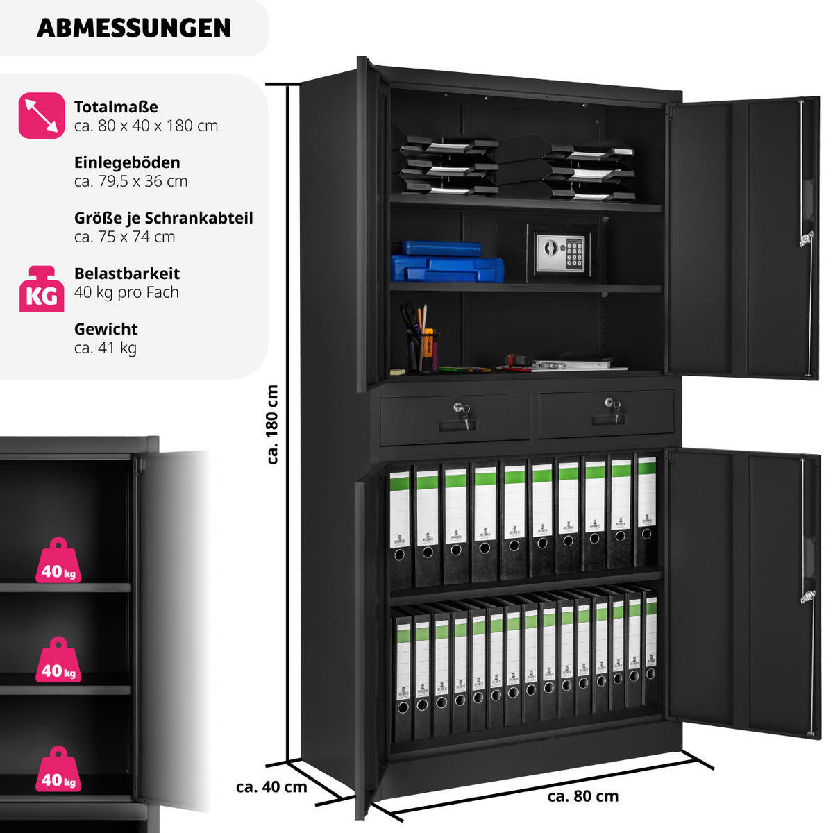 AKTENSCHRANK ,180 x 80 x 40 cm,schwarz/schwarz - Schwarz, Metall (40/180/80cm) - tectake