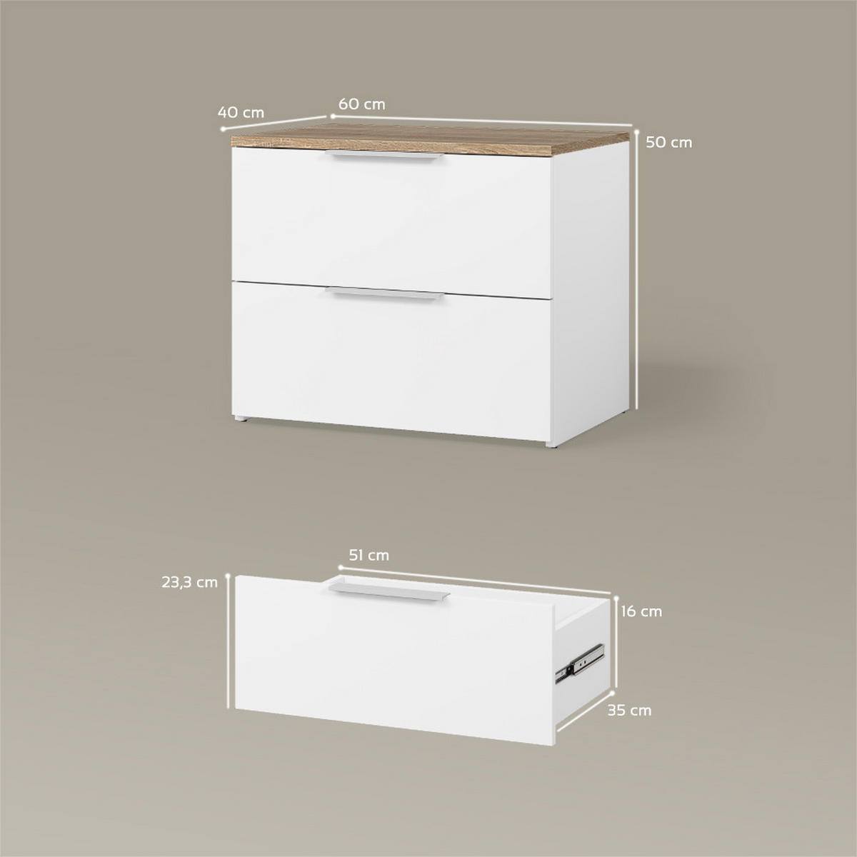 KOMMODE Piave Weiß/Sonoma 60 x 50 cm mit 2 Schubladen - Weiß/Sonoma Eiche, Holzwerkstoff (60/50/40cm) - Livinity®