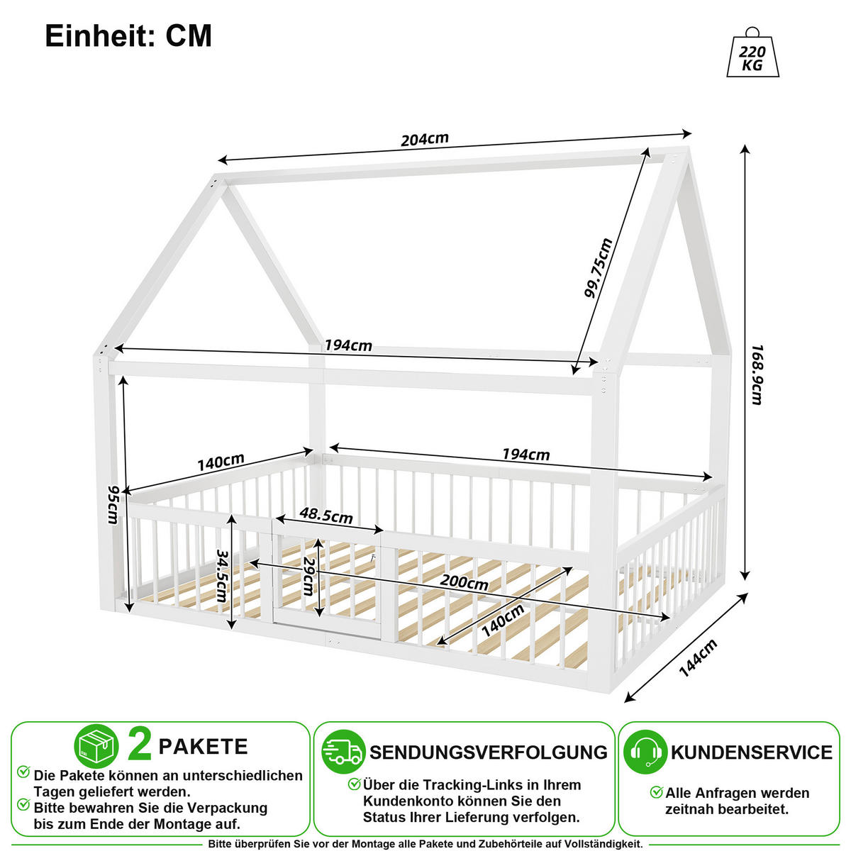 KINDERBETT 140/200 cm in Weiß mit Sicherheitsgeländer und Dachdesign - Weiß, Holzwerkstoff/Metall (140/200cm) - CHICFURN