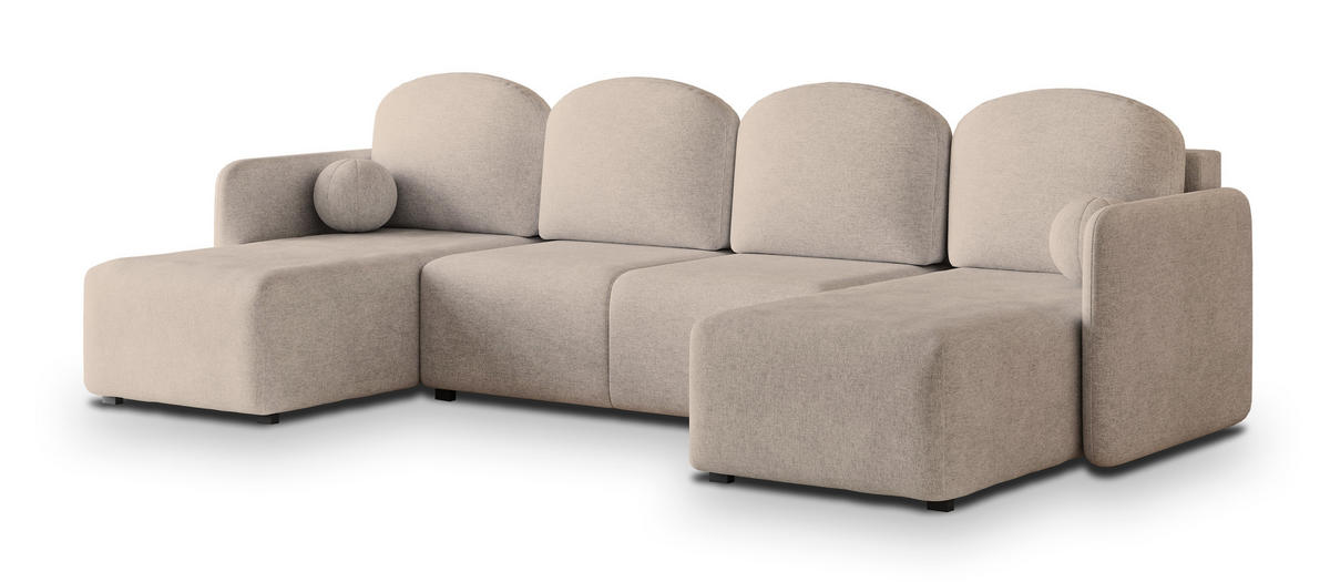 WOHNLANDSCHAFT NUBERO Beige Geflochtener Stoff mit Schlaffunktion - Beige, Holz (285/85/143cm) - MASSENO