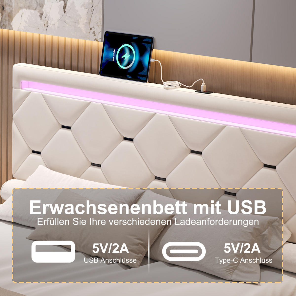 POLSTERBETT 140x200 cm Beige Samt LED USB 4 Schubladen - Beige, Metall (140/200cm) - SHOPENTRA