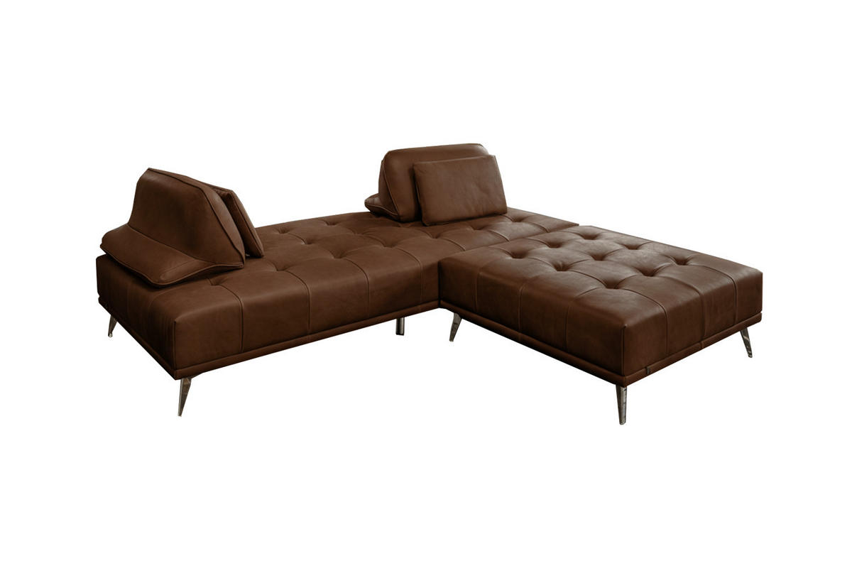 SOFA MIT HOCKER WIOLO 2ER SET Dunkelbraun Leder - Dunkelbraun/Silberfarben, Leder/Metall (240/83/110cm) - KAWOLA