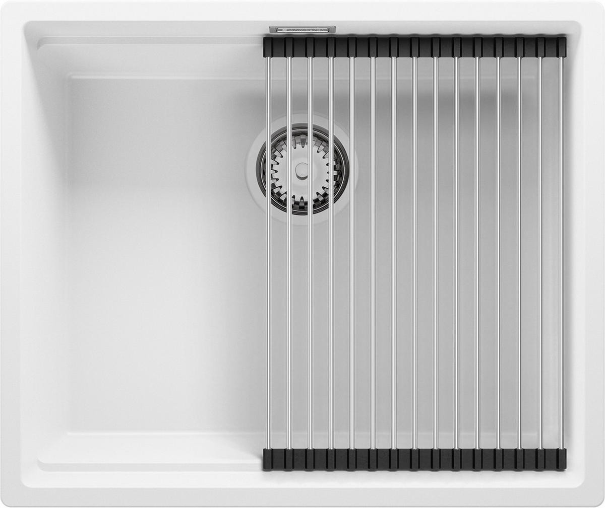 SPÜLBECKEN Praga Slim, 2-er set Weiß 56/47 cm 1 Becken + Ablauf-Set + Aufrollbare Abtropffläche ab 60er Unterschrank - Chromfarben/Weiß, Kunststoff (56/20/47cm) - Primagran