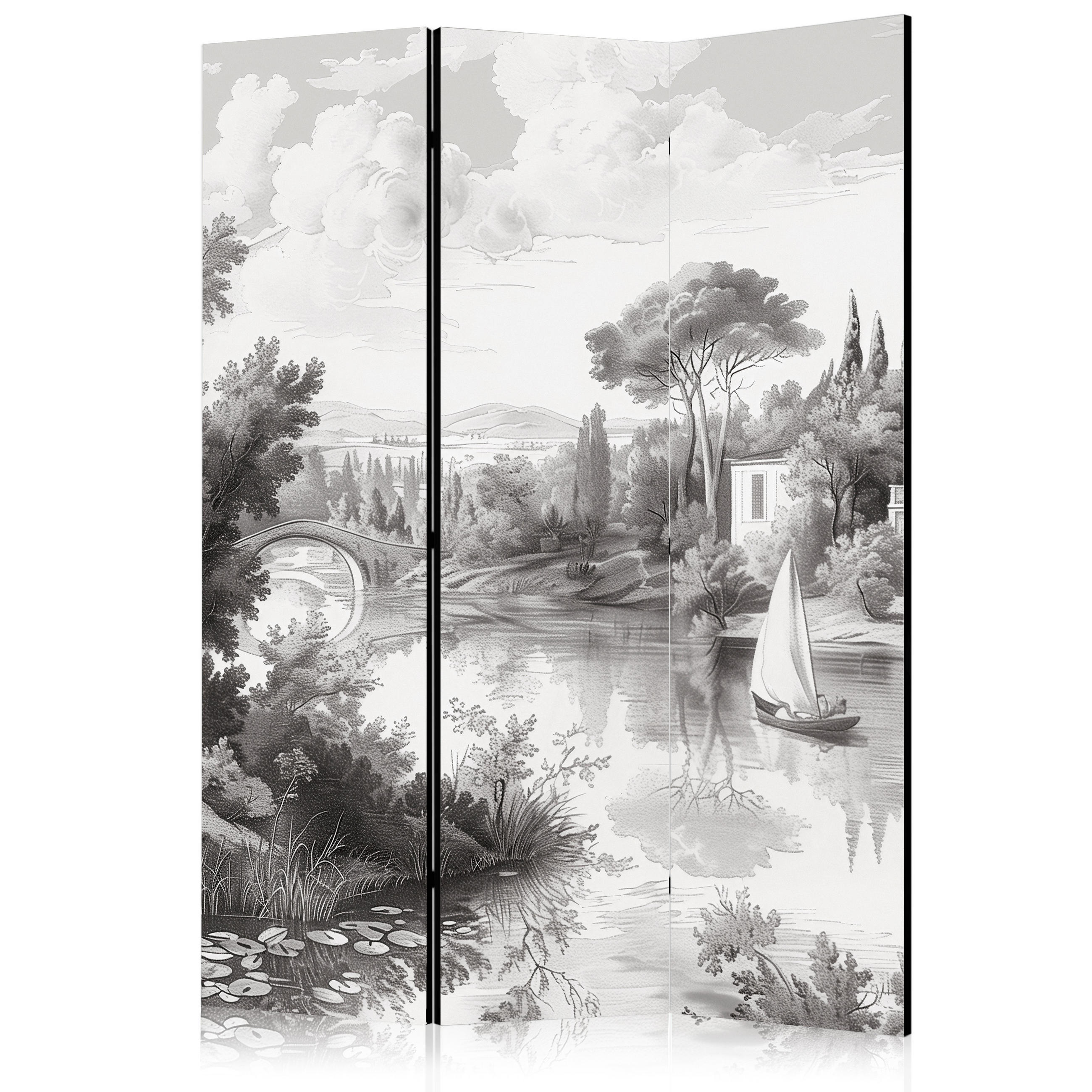 PARAVENT Akustik 3-tlg 135x172 cm Retro Flusslandschaft Natur - Grau, Holz/Textil (135/172/3cm) - Muralo