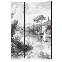 PARAVENT Akustik 3-tlg 135x172 cm Retro Flusslandschaft Natur - Grau, Holz/Textil (135/172/3cm) - Muralo