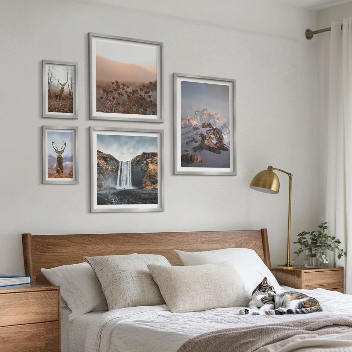WANDBILDER 5er Set - 50x50 cm & 20x30 cm & 40x60 cm Silberner Rahmen - Urlaub Palmen Wasserfall - Silberfarben, Kunststoff (40/60cm) - ArtPrintCave