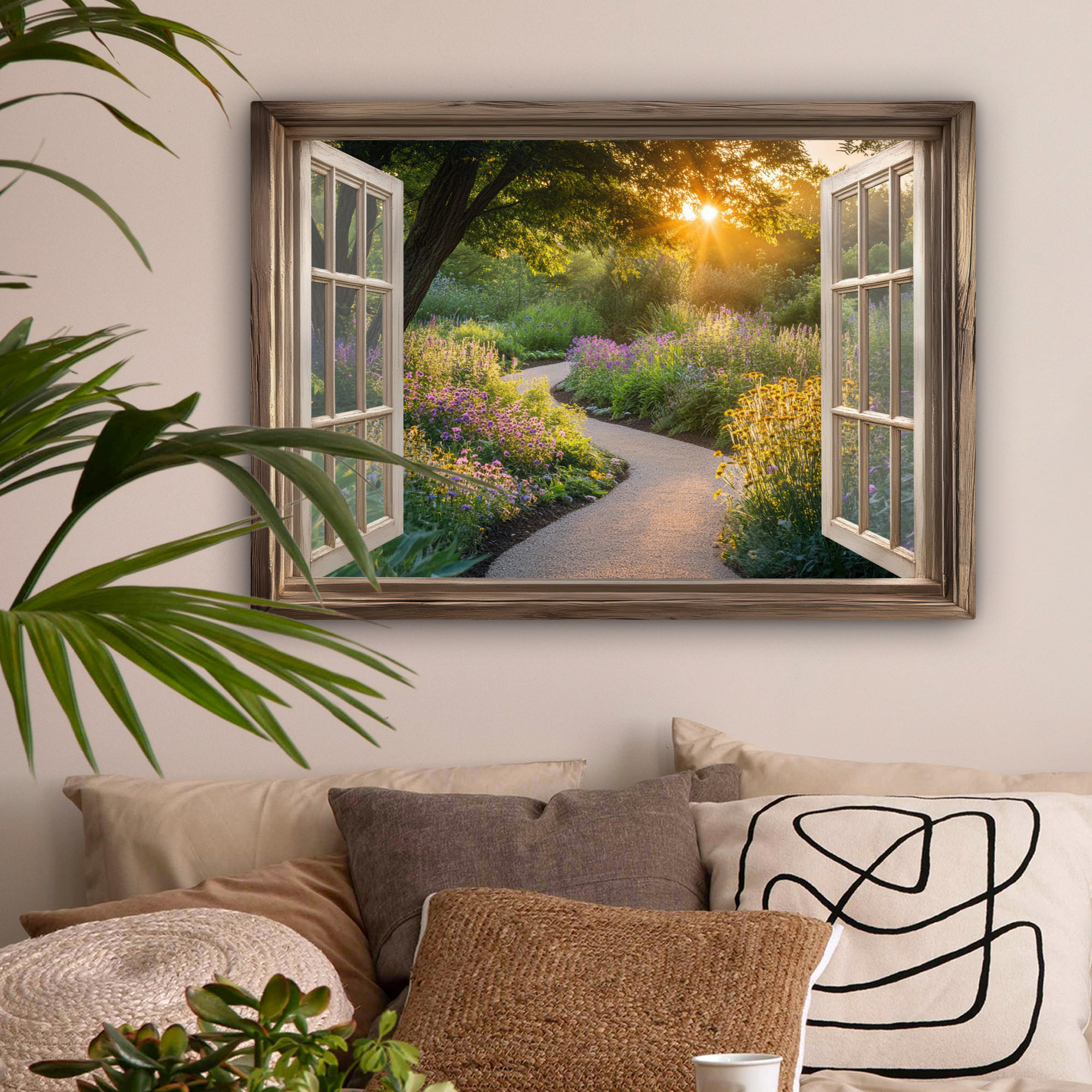 LEINWANDBILD Aussicht - Blumen - Natur - Sonne - Weg Wandbilder 80x60 cm - Hellgelb, Textil (80/60cm) - MuchoWow