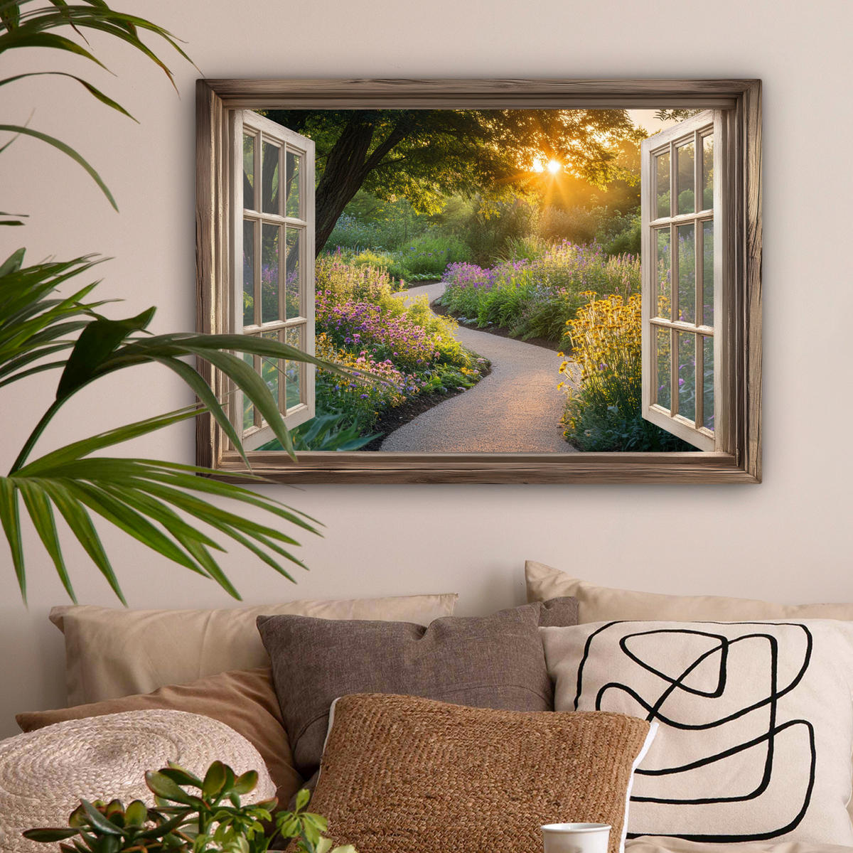 LEINWANDBILD Aussicht - Blumen - Natur - Sonne - Weg Wandbilder 80x60 cm - Hellgelb, Textil (80/60cm) - MuchoWow