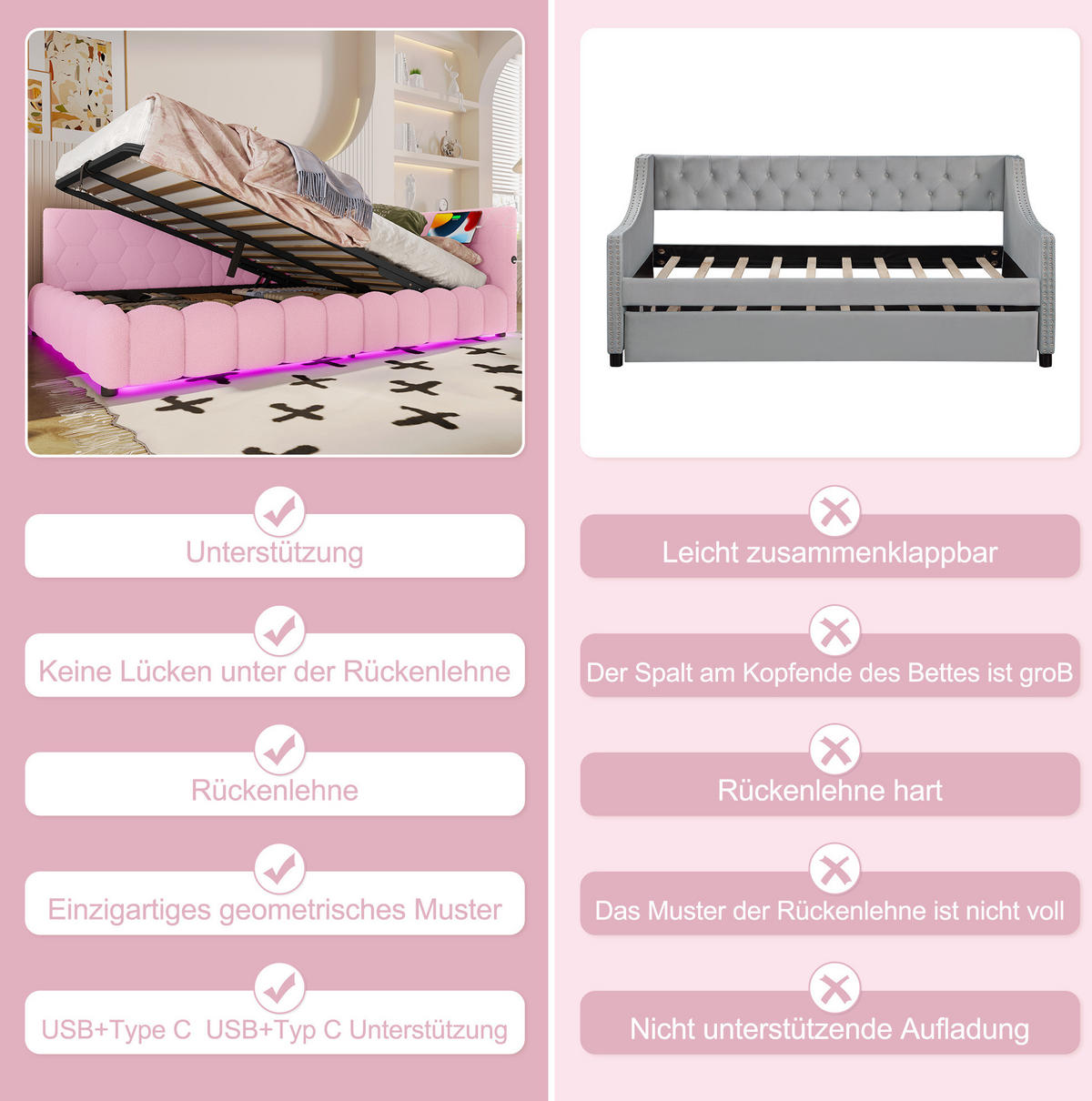 POLSTERBETT 140/200 cm Rosa aus Vliesimitat mit Stauraum - Rosa, Textil (140/200cm) - OKMYHOME