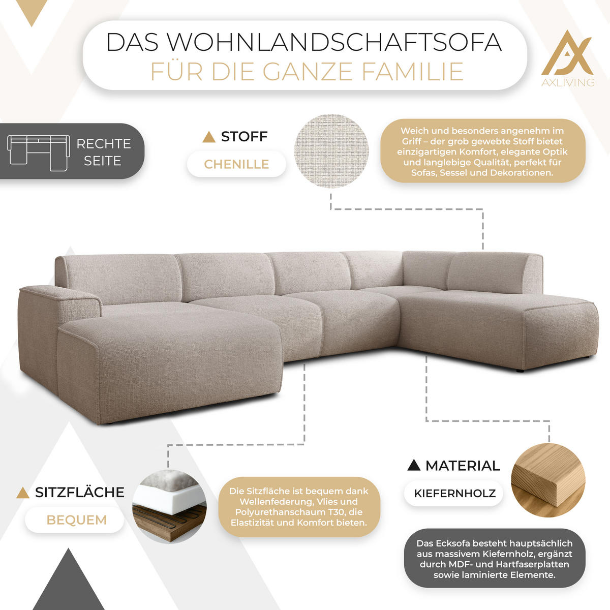 WOHNLANDSCHAFT Didim Creme 378/220/78 cm – großes Sofa stilvoll & bequem R - Creme/Schwarz, Kunststoff/Textil (378/78/220cm) - AX Living