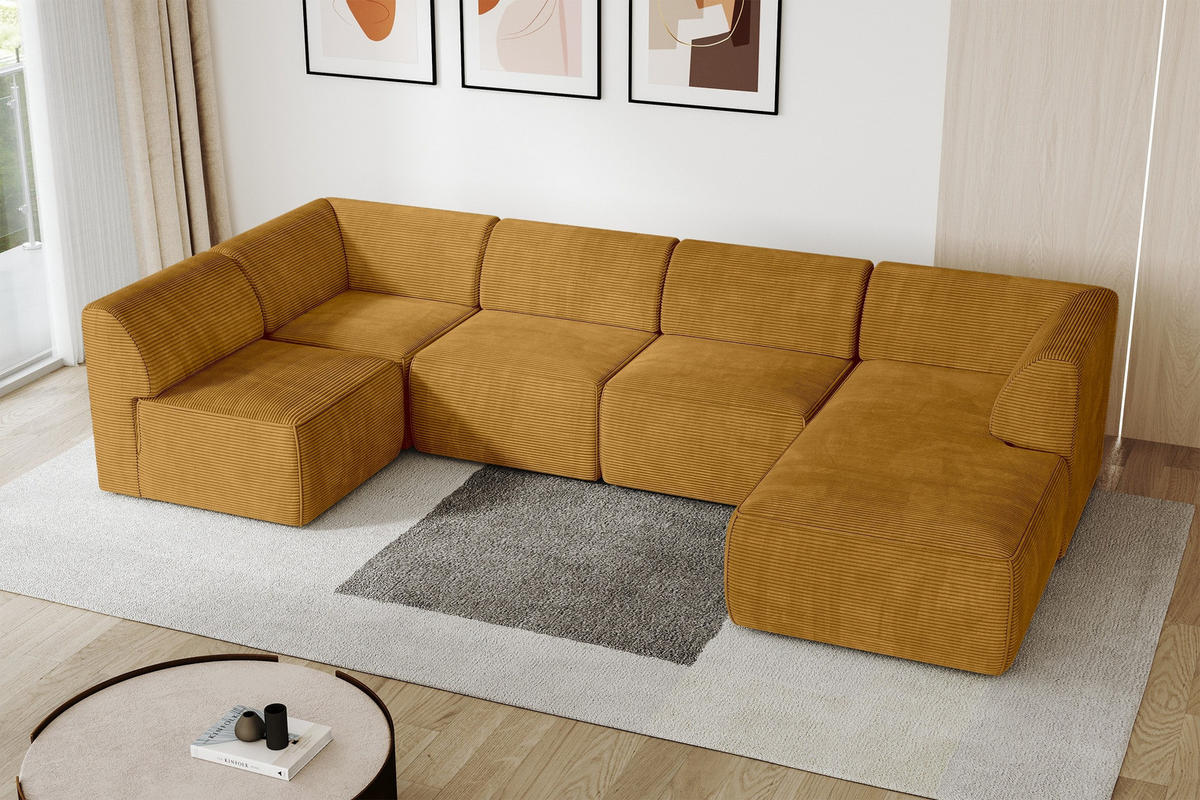 WOHNLANDSCHAFT Ottomane Rechts MOVO-L 345x180x78 cm Senffarbe Cord - Currygelb/Dunkelgelb, Holzwerkstoff/Kunststoff (345/78/180cm) - ALTDECOR
