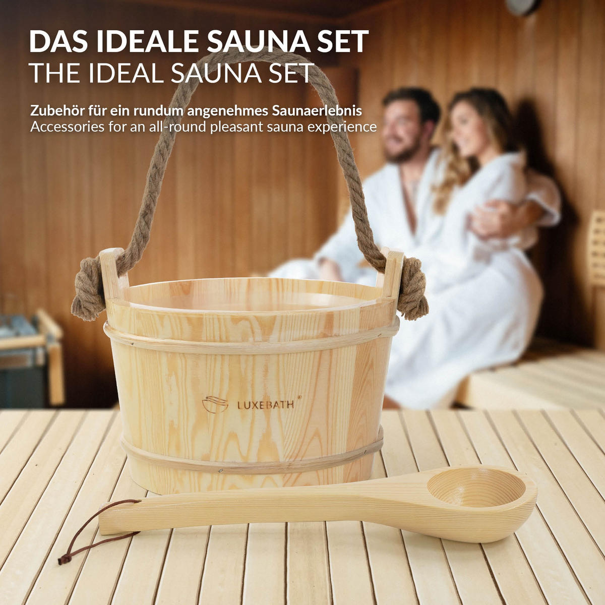 SAUNAZUBEHÖR-SET aus Kiefernholz mit Aufgusskübel und Schöpfkelle - Naturfarben, Holz (37/43/27.5cm) - LuxeBath