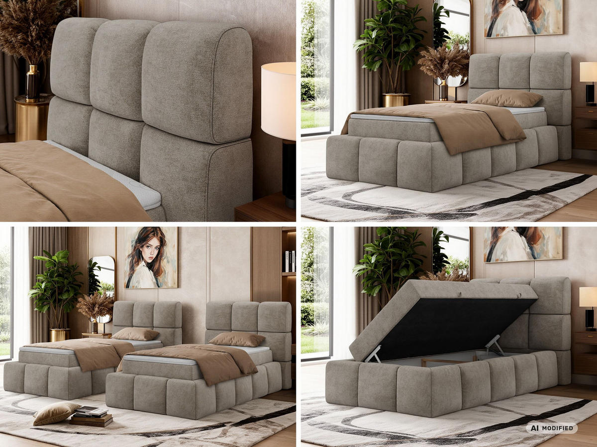 BOXBETT NIRA 90/200 - Greige Stukture - Topper Visco - H3 - Greige/Schwarz, Kunststoff/Textil (200/90cm) - MKS