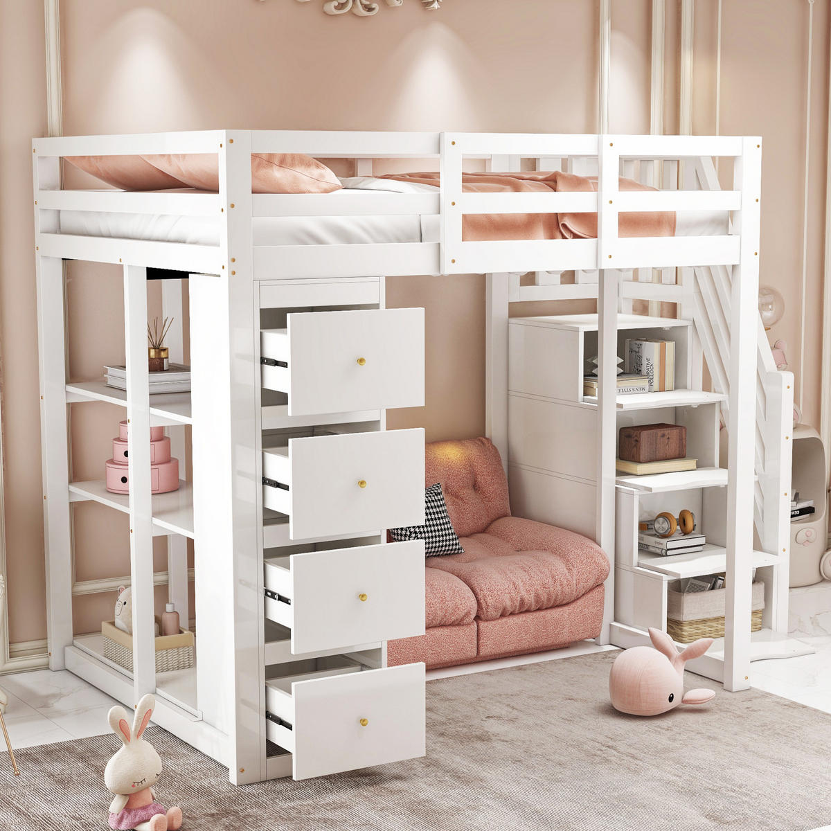 HOCHBETT 140/200 cm Weiß mit Aufbewahrungsschublade und Sicherheitsleiter ohne Matratze - Weiß, Holz (140/200cm) - OKWISH