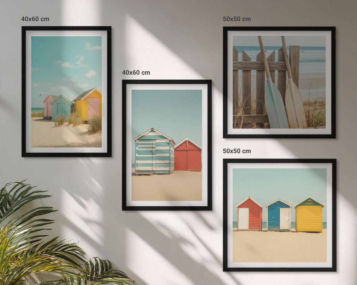 WANDBILDER 4er-Set - 50x50 cm & 40x60 cm Schwarzer Rahmen - Bunte Häuser, Strand, Sonne - Schwarz, Kunststoff (50/50cm) - ArtPrintCave