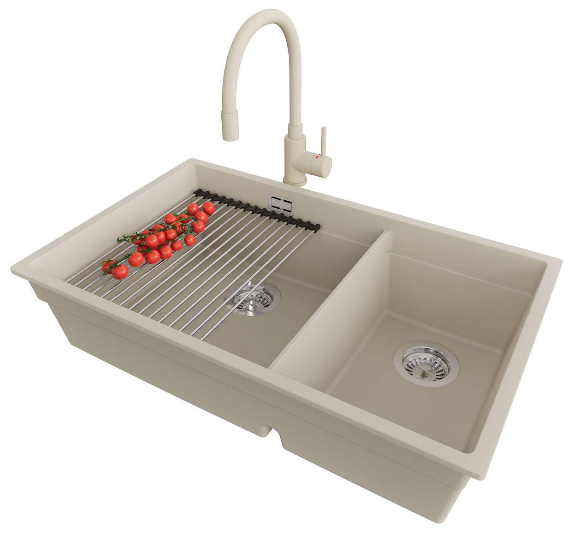 GRANITSPÜLE Praga Slim Duo, 2-er set Beige 76/47 cm 2 Becken + Küchenarmatur 38/14 cm + Ablauf-Set + Aufrollbare Abtropffläche ab 80er Unterschrank - Chromfarben/Beige, Kunststoff (76/20/47cm) - Primagran