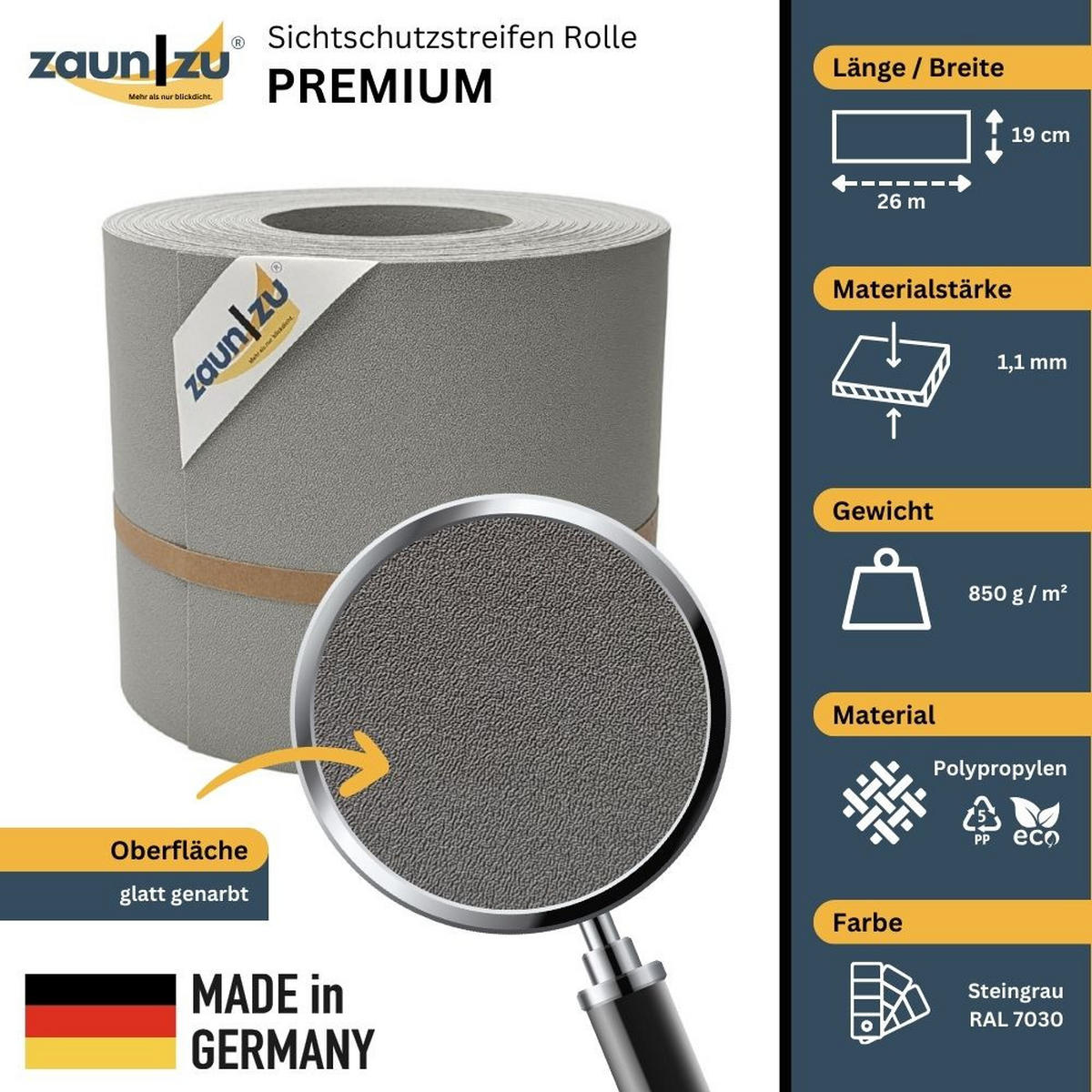 SICHTSCHUTZSTREIFEN Premium für Doppelstabmatten Zaunblende Steingrau, 26m - Graubraun, Kunststoff (2600/19cm) - ZAUN|ZU