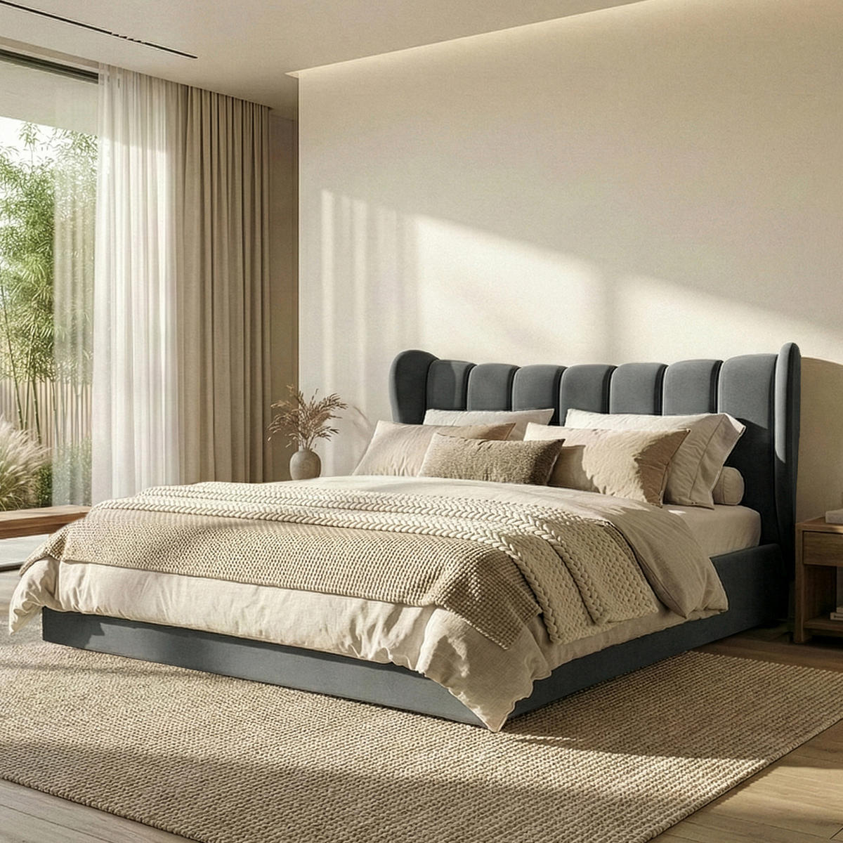 POLSTERBETT GIZO, Muschel-Design - Dunkelgrau/Schwarz, Holz/Holzwerkstoff (202/204cm) - KONSIMO®