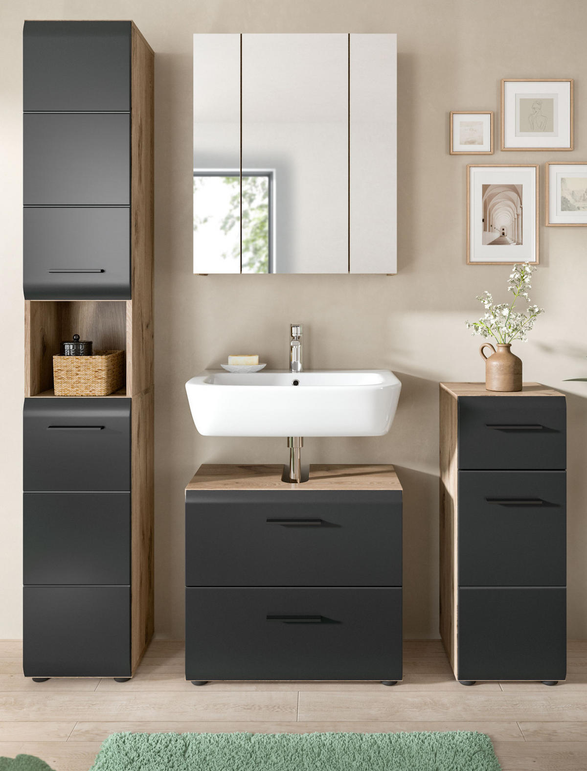 BADMÖBEL-SET 4-teilig Schwarz matt, Eiche Nox 150 x 185 cm, mit viel Stauraum und Vollauszug - Eichefarben/Schwarz, Glas/Holzwerkstoff (150/185/30cm) - Inn.Furn