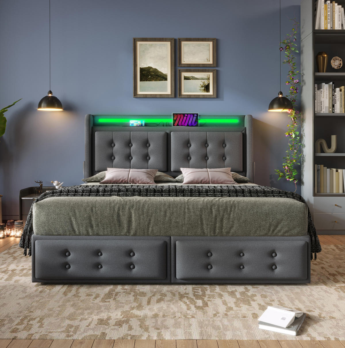 BETT mit Matratze 140x200 cm Grau mit LED, USB-C und 4 Schubladen - Grau, Metall (140/200cm) - Meubliv