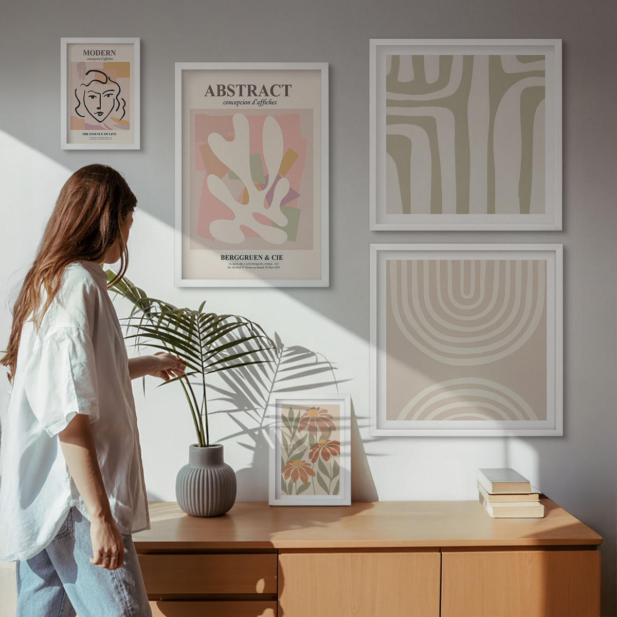 WANDBILDER 5er-Set - 50x50 cm & 20x30 cm & 40x60 cm Weißer Rahmen - Abstrakte Pflanzenformen - Weiß, Kunststoff (40/60cm) - ArtPrintCave