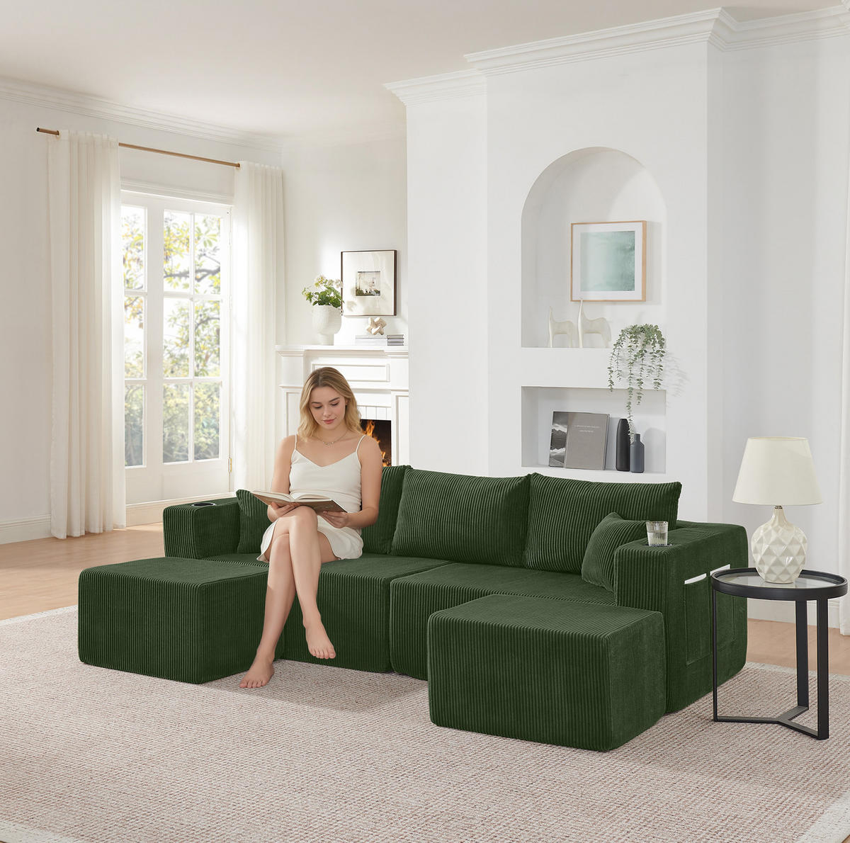SOFA modular 3-Sitzer L-Form Cord Green mit 2 Ottomanen - Grün, Kunststoff (230/75/138cm) - IVMEU