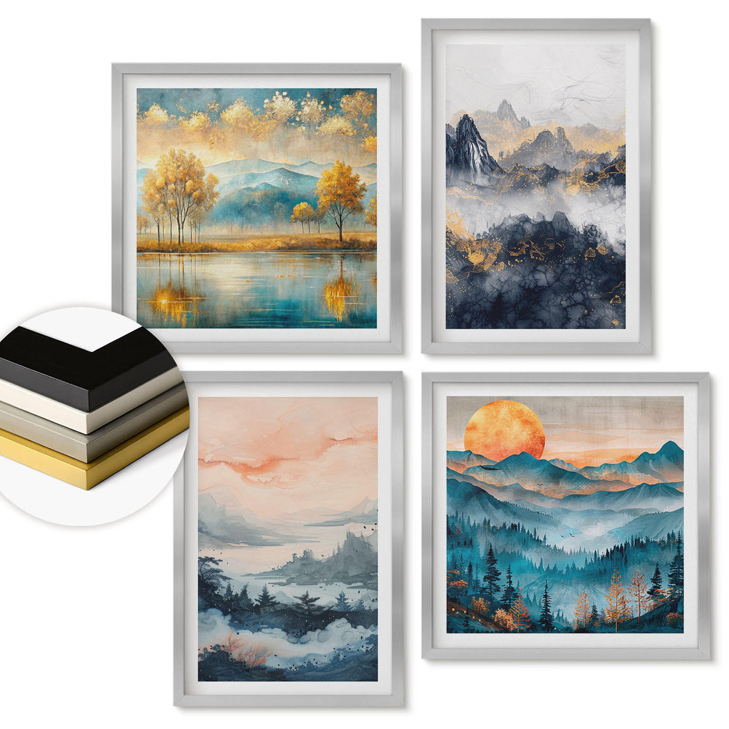 WANDBILDER 4er Set - 50x50 cm & 40x60 cm Silberner Rahmen - Gemalte Abstraktionen der Natur - Silberfarben, Kunststoff (50/50cm) - ArtPrintCave