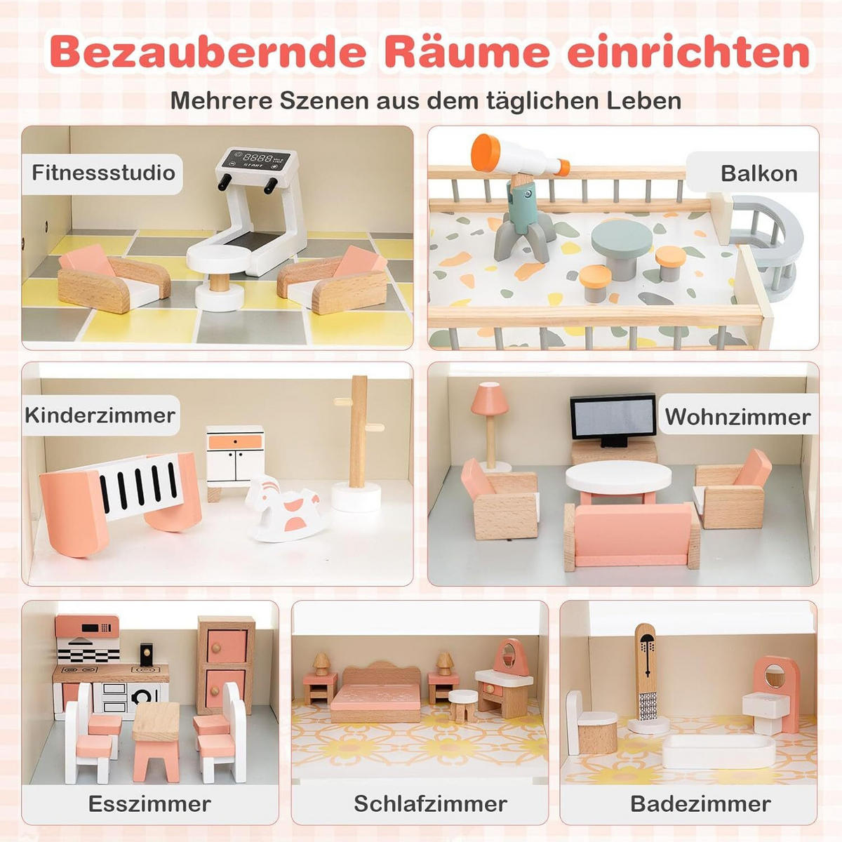 PUPPENHAUS 94cm Rosa - Pink, Holz (32/94/87cm) - COSTWAY