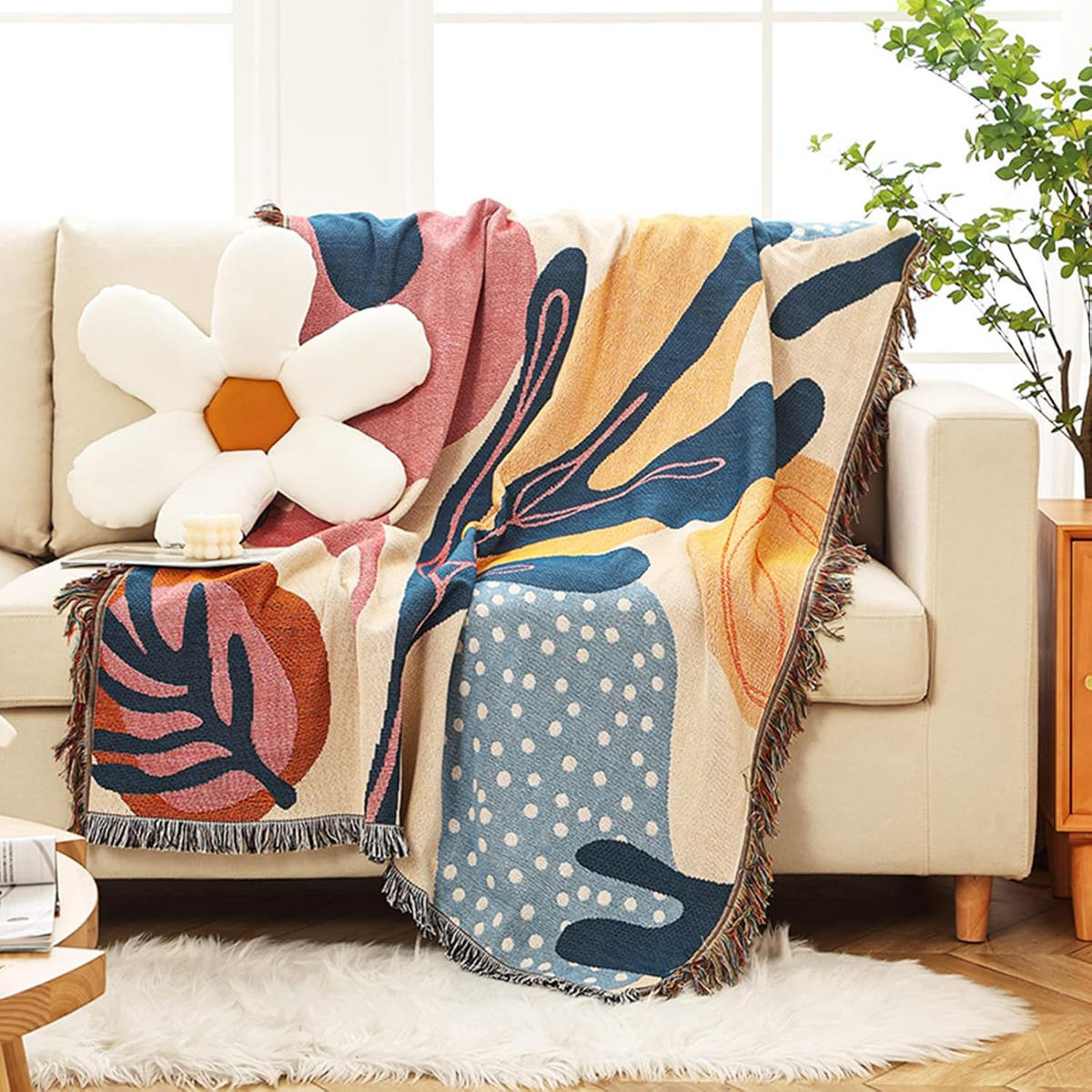 DECKE – 130 x 160 cm – Wendbares Farbschema – Decke mit Quasten - Blau/Multicolor, Textil (160/130cm)