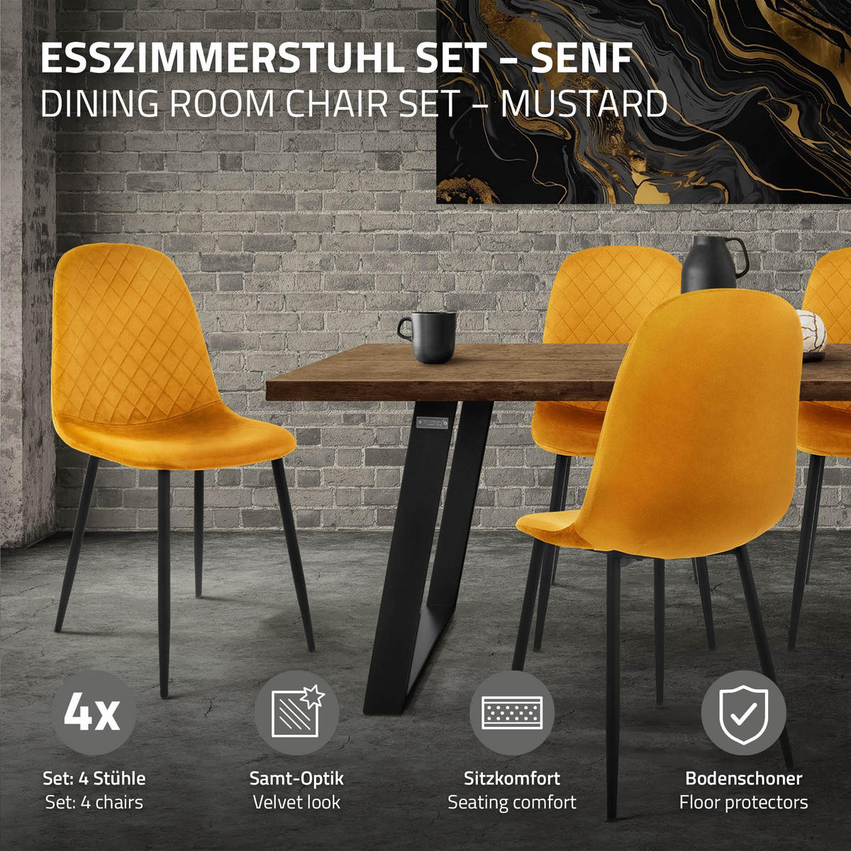 ESSZIMMERSTÜHLE 4er Set Senfgelb Samt - Gelb/Dunkelgelb, Textil/Metall (51/89/44cm) - ML-DESIGN