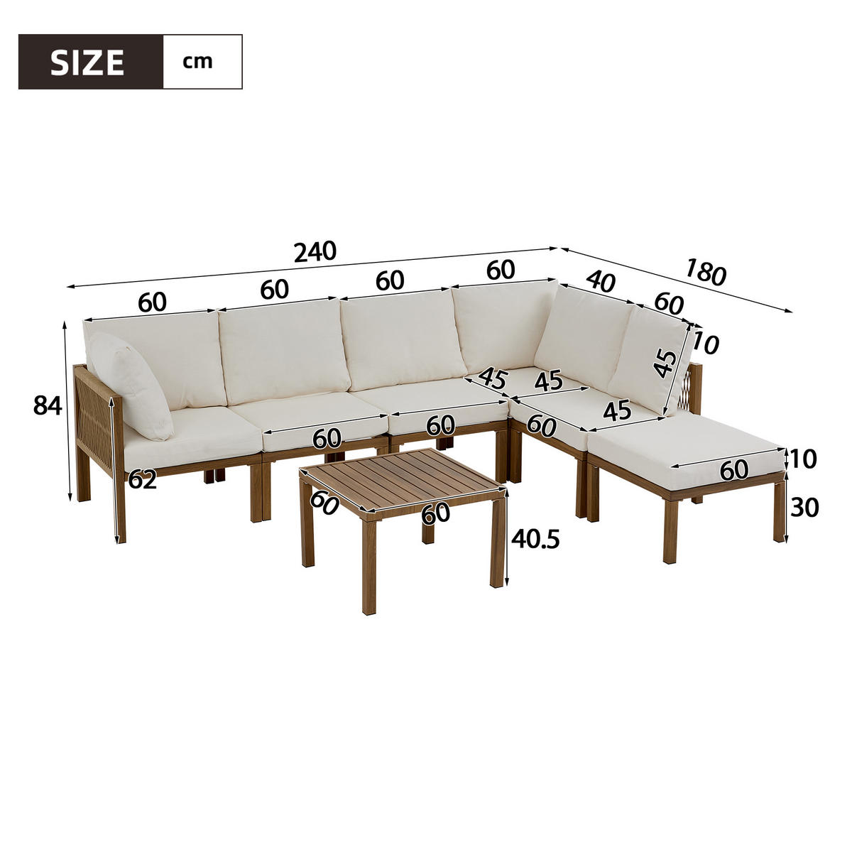MODULARES Garten Lounge Set 240×180×84 cm für 6 Personen, beige - Beige, Textil
