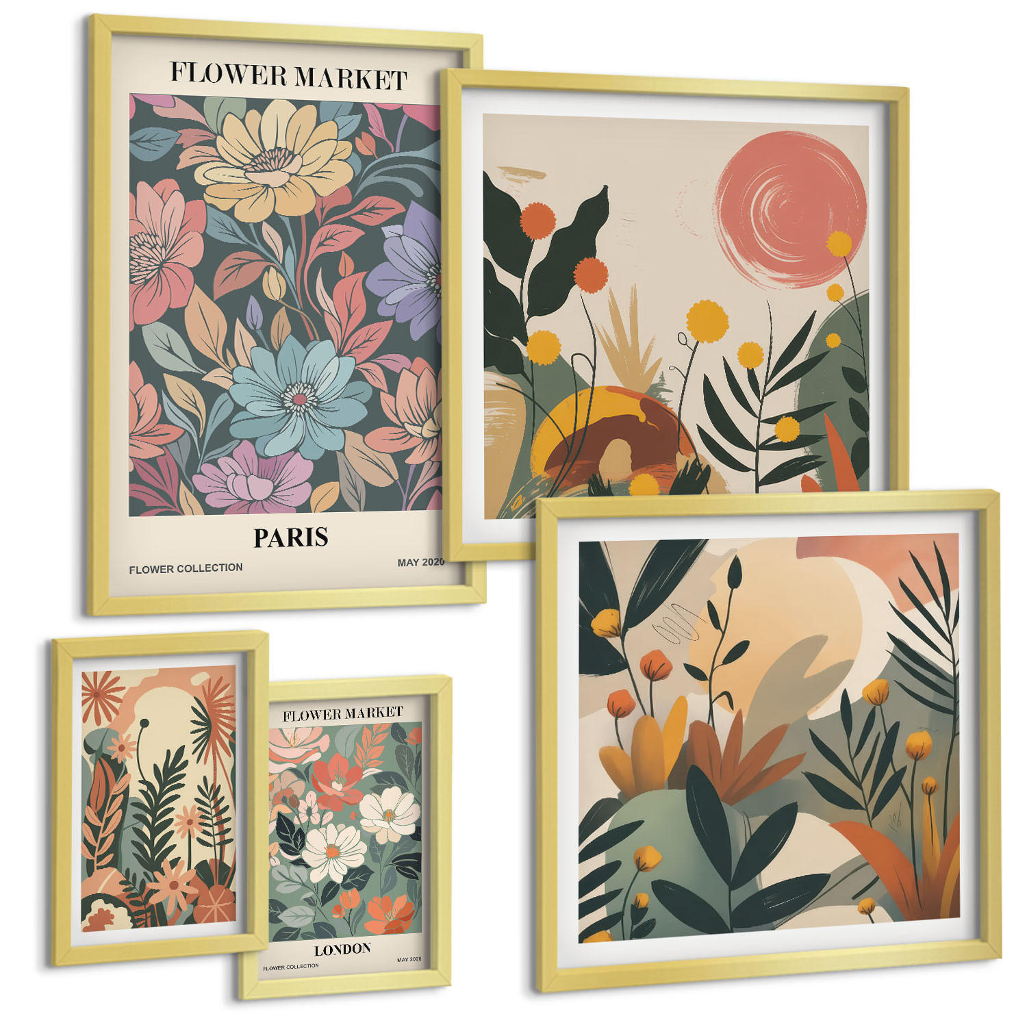 BILDER SET 5er Set - 50x50 cm & 20x30 cm & 40x60 cm Goldrahmen - Blumenposter Weinstadt - Goldfarben, Kunststoff (40/60cm) - TULUP