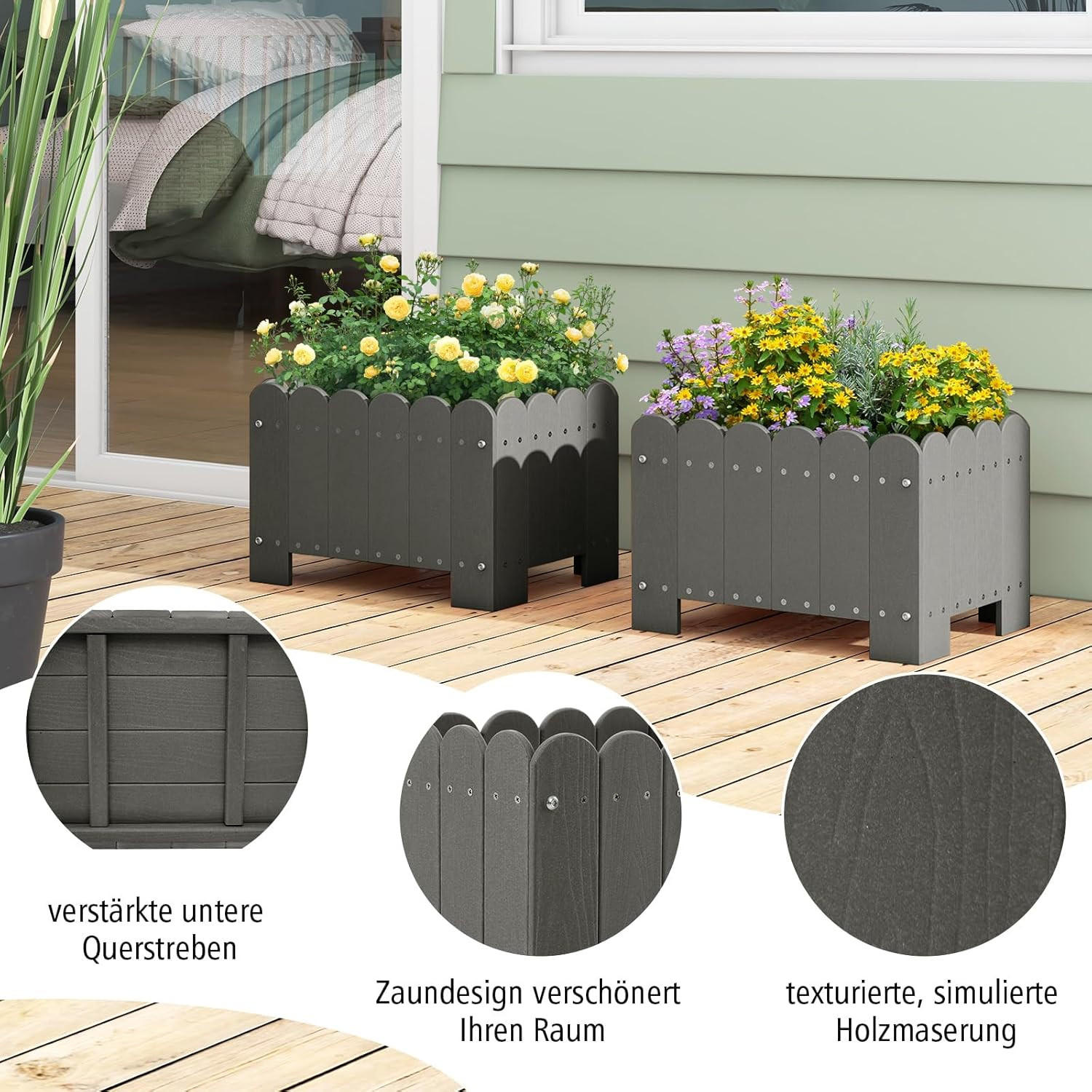 BLUMENKUBEL 2er-Set Grau - Grau, Kunststoff (30cm) - COSTWAY