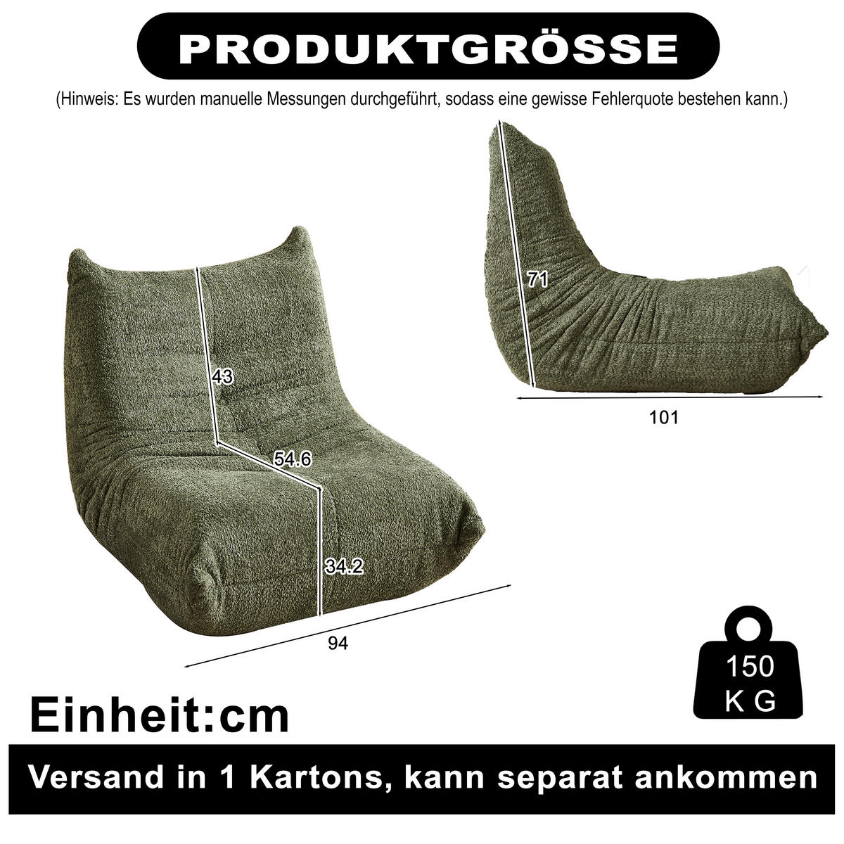 SITZSACK Ergonomischer aus Chenille & Memory-Schaum, Montagefrei - Grün, Textil (94/71/101cm) - Urban Meuble