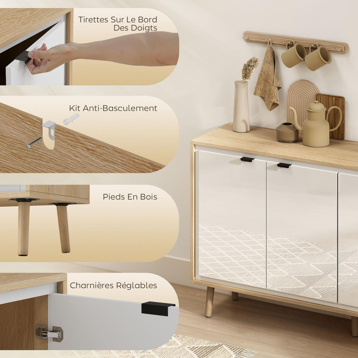 SIDEBOARD DE-11234 Hochglanz, 4 Türen & verstellbare Böden Weiß/Eiche - Weiß, Holzwerkstoff (141/77/35cm) - ComfortXL