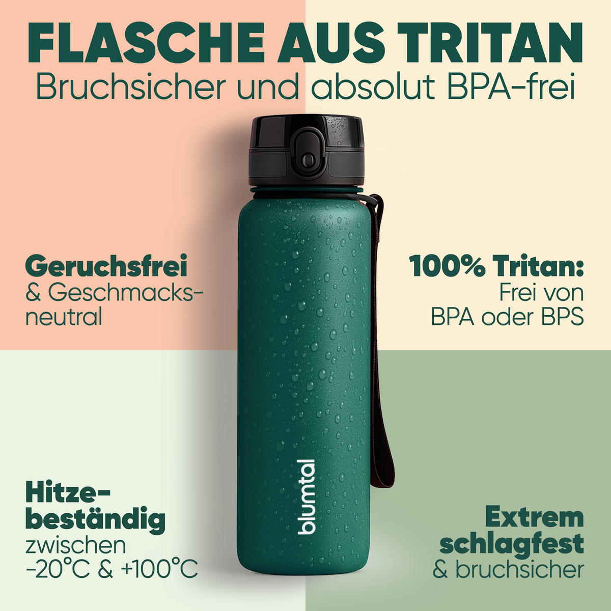 TRINKFLASCHE 1L - auslaufsichere - 1-Klick-Verschluss - BPA - freie - Türkis - Türkis, Kunststoff (1L) - Blumtal