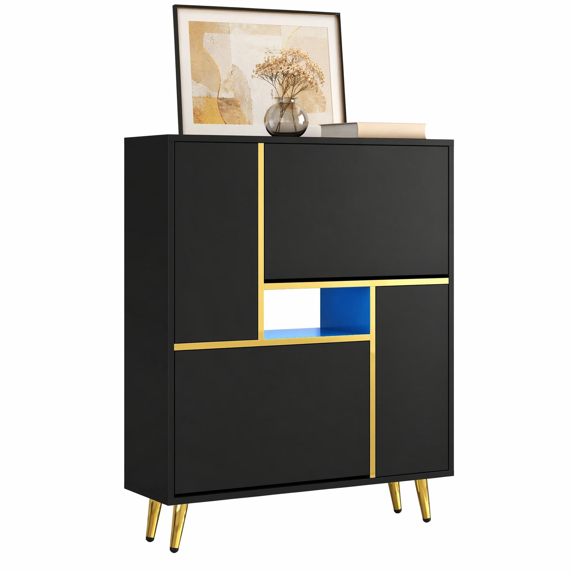 SCHUHSCHRANK in Schwarz mit LED-Licht und Hochglanzfront für Eingangsbereiche und Flur, B80/T25/H96 cm - Goldfarben/Schwarz, Holzwerkstoff/Metall (80/96/25cm) - STILVORA