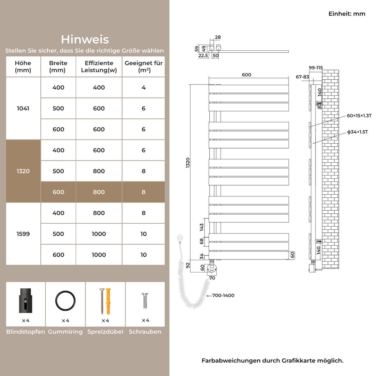 HANDTUCHHEIZKÖRPER 132/60 cm anthrazit elektrisch 800 W mit WLAN-Thermostat - Anthrazit, Metall (60/132/5.9cm) - S'AFIELINA