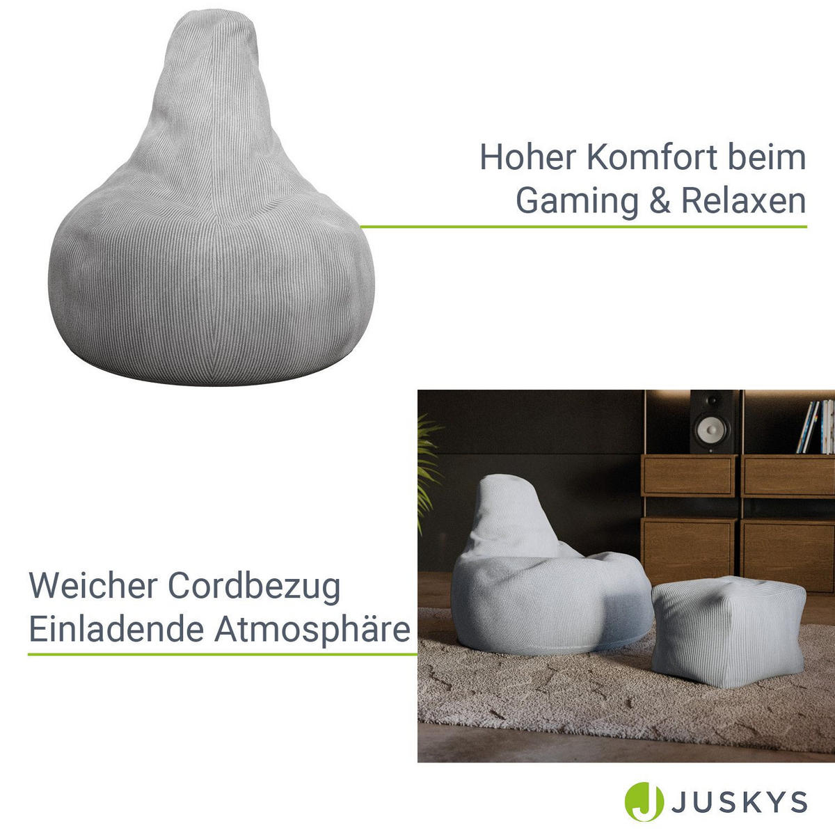 SITZSACK Chillex mit Hocker XL Cord hellgrau - Hellgrau, Textil (83/103/78cm) - Juskys
