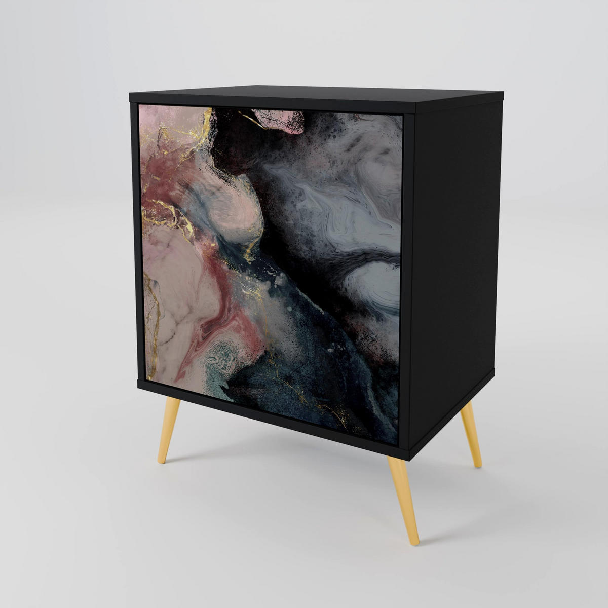 SIDEBOARD GILDED SWIRLS, Schwarz, 57,5x42x72,5 cm, Schwarze Metallfüße - Multicolor/Schwarz, Holzwerkstoff/Metall (57.5/72.5/42cm) - SpaceRebels