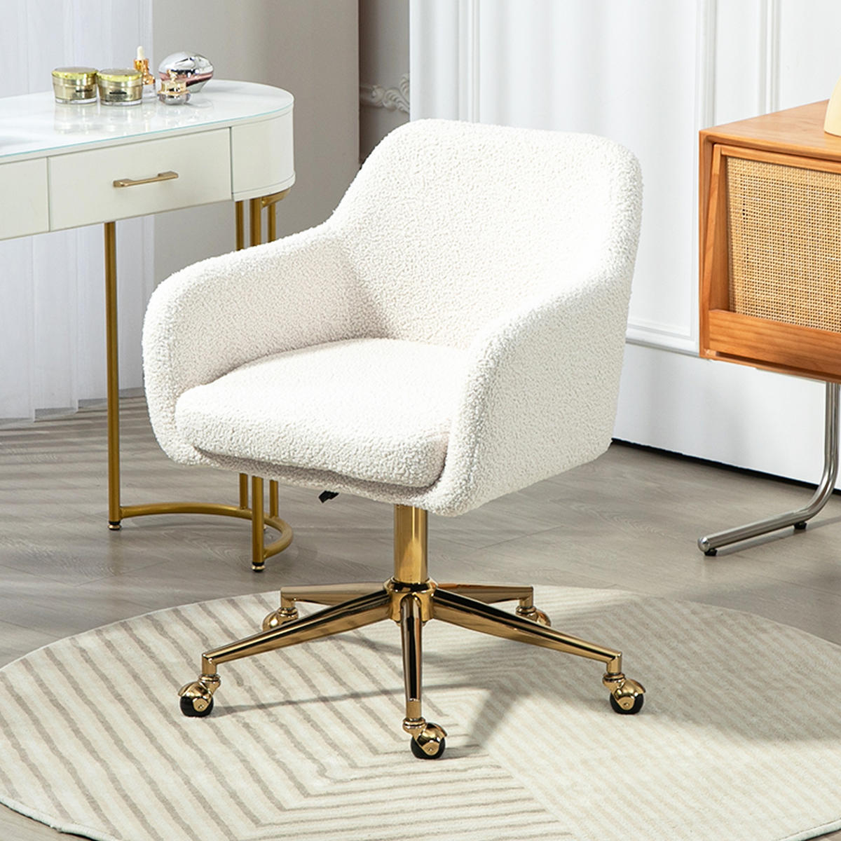 HOMEOFFICE-STUHL, höhenverstellbarer Bürostuhl mit Rollen, Samtartiger Bezug, Metallbasis, Cremeweiß - Creme, Textil (61/88/60cm)