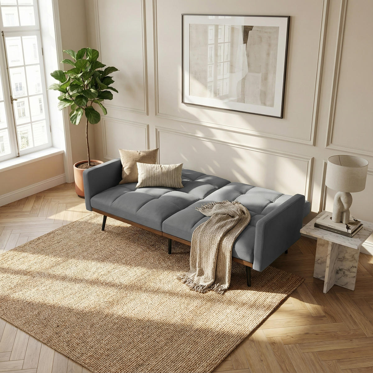 SCHLAFSOFA 146 cm Grau mit Bettfunktion & Leinen-Optik - Dunkelgrau, Textil (146/70/60cm) - Urban Meuble