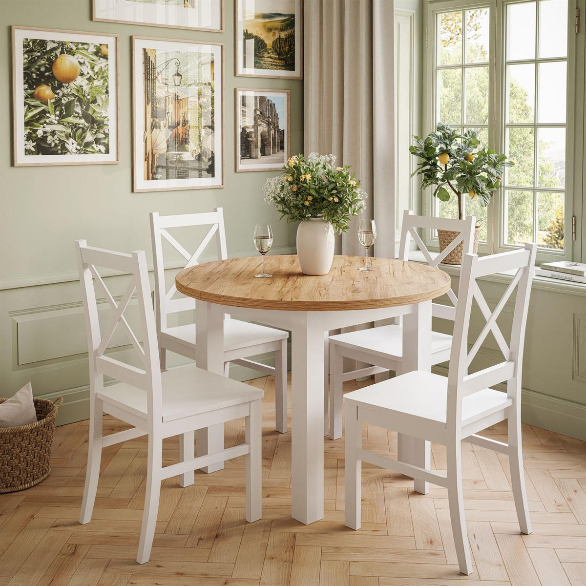 ESSZIMMERSET OLEA Tisch + 4 Stühle - Eichefarben/Weiß, Holzwerkstoff (140/77/100cm) - Lookway