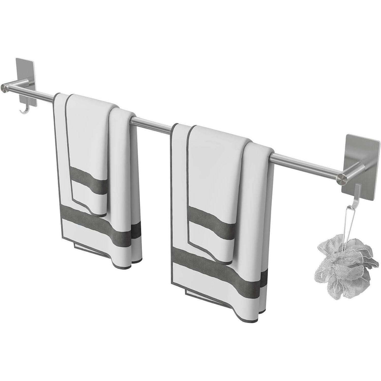HANDTUCHHALTER ohne Bohren 80 cm Edelstahl Silber mit 2 Haken - Silberfarben, Metall (5/6.4/80cm)