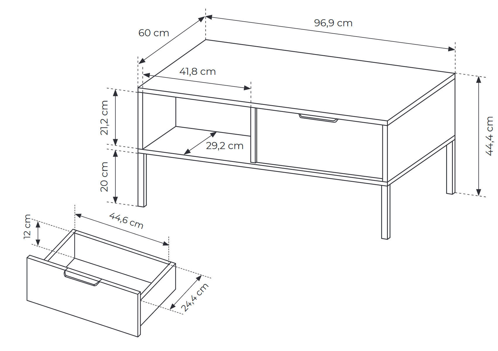 Thumbnail - Feldmann-Wohnen Couchtisch, Grau, Holz, 1 Fächer, 1 Schubladen, Rechteckig,Rechteckig, 96.6x44.4x60 cm, Wohnzimmer, Wohn...