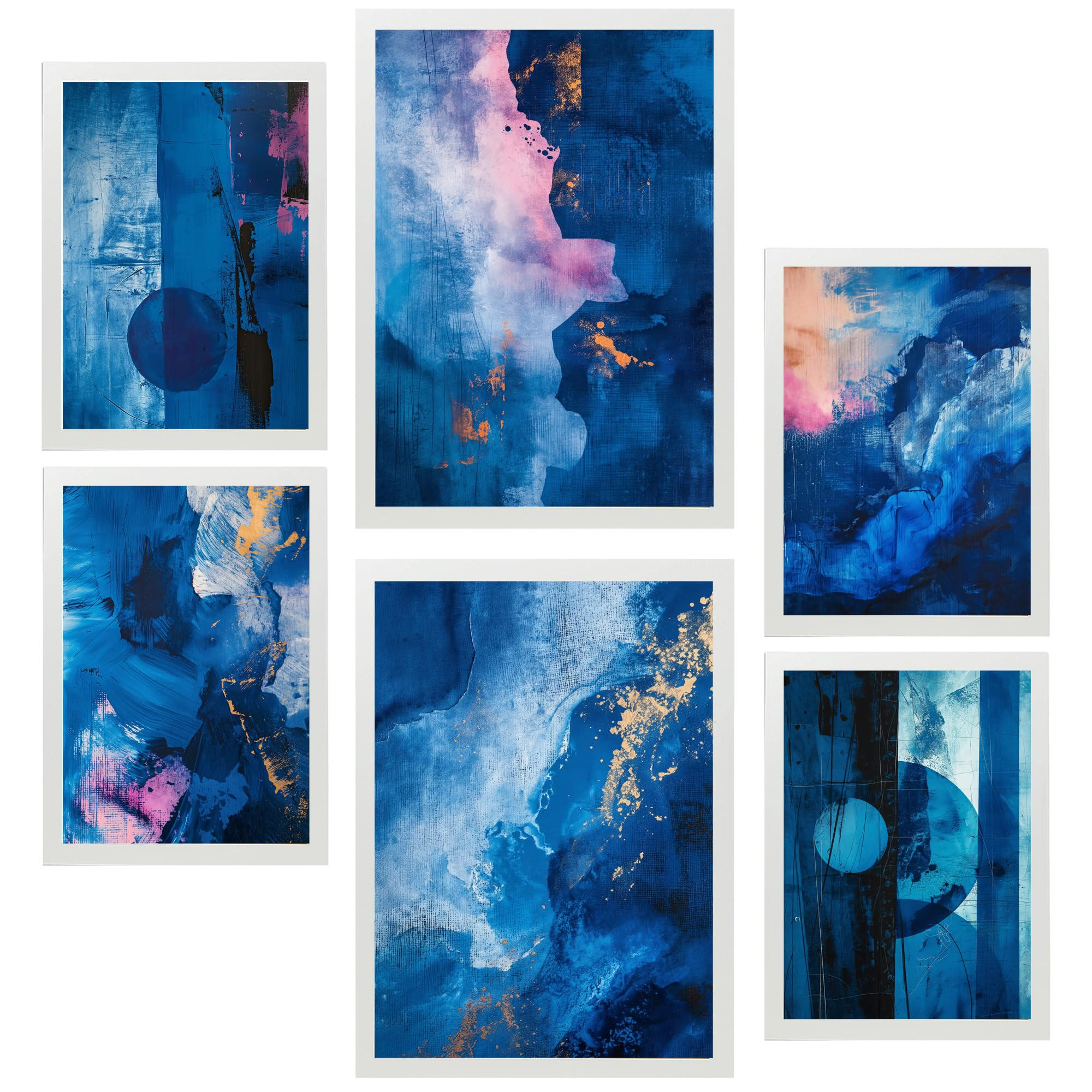 POSTER Set Mit 6 Abstrakte Farben Blau Cyan Rosa Formen A3 & A4 Weißer Rahmen - Weiß, Papier (29/3cm) - Nacnic