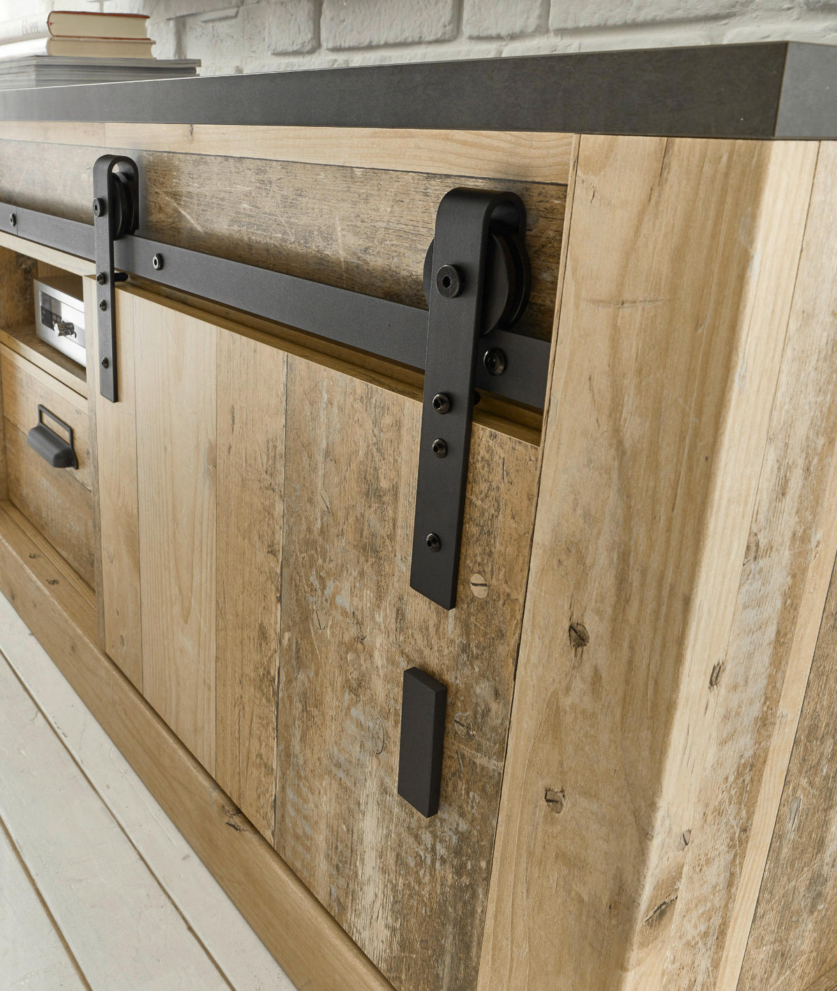 WOHNWAND Used Wood hell, anthrazit 3-teilig 314 cm, Schrankwand mit Soft-Close - Anthrazit/Schwarz, Holzwerkstoff/Metall (314/180/43cm) - Furn.Design